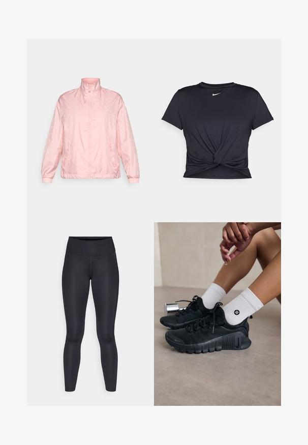 Lys rosa, jakke med glidelås og høy krage, med et subtilt mønster, elastiske ermer og en lett glansfull stoffkvalitet.; Svart trenings T-skjorte laget av glatt stoff, med en knyttet frontdesign og en liten hvit Nike-logo på brystet.; Sorte leggings laget av glatt, elastisk materiale. Høy midje uten synlige mønstre eller detaljer. Sitter tett fra midjen til anklene.; Svarte idrettssko med teksturert stoff, snøring og en fremtredende såle, sammen med hvite ribbestrikkede sokker med en liten logo.