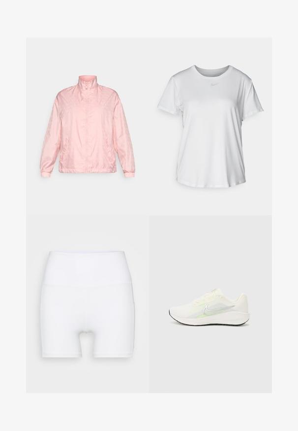 Lys rosa, jakke med glidelås og høy krage, med et subtilt mønster, elastiske ermer og en lett glansfull stoffkvalitet.; Hvit kortermet T-skjorte laget av glatt stoff, med rund halsringning og en liten grå Nike-logo på brystet.; Hvite høyt midjeforfatne shorts laget av stretch-stoff. Har en jevn tekstur og en tettsittende design, uten ekstra mønstre eller utstyr.; Nike Performance DOWNSHIFTER 13 - Løpesko for vei - sail/silver-coloured photon dust/summit white/barely volt/black
