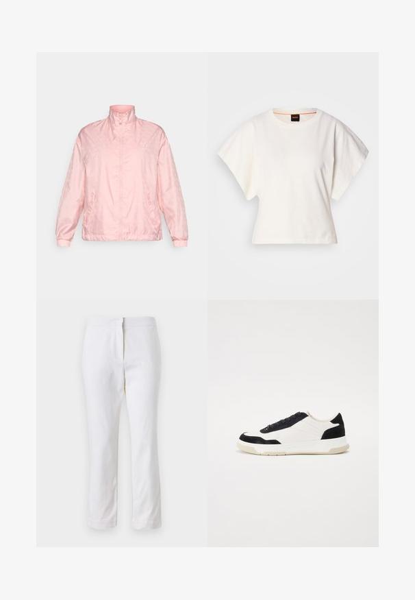 Jachetă roz deschis, cu fermoar, cu guler înalt, având un model subtil, manșete elastice și o textură a materialului ușor lucioasă.; Tricou alb scurt, cu mâneci scurte și largi, din bumbac moale, cu decolteu rotund și un finisaj subtil portocaliu, design minimalist, fără modele sau grafice.; Pantaloni din bumbac alb, cu un design drept, având talie medie și fără hardware sau modele vizibile. Textură uniformă pe întreaga suprafață.; Tenisi cu partea superioară din piele albă, accente din suede negru și o talpă din cauciuc texturat. Prezintă un design cu șireturi și detalii cusute.