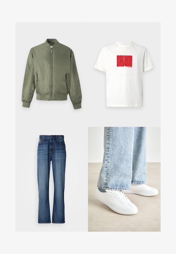 Olivovo zelená bomber bunda vyrobená z hladkej, ľahkej tkaniny. Má predné zipsové uzatváranie, rebrované manžety a dve bočné vrecká.; Biely bavlnený tričko s veľkým červeným grafickým potlačou "CALVIN KLEIN" na prednej strane, s okrúhlym výstrihom a krátkymi rukávmi.; Modré džínsy s vysokým pásom, rozšírenými nohavicami, dizajnom s piatimi vreckami a tónovaným prešívaním. Obsahujú zapínanie na gombík a nitované vrecká.; Biele tenisky s hladkým materiálom, šnurovací dizajn, textúrovaná gumová podrážka a tyrkysový akcent na päte, skombinované s svetlomodrými džínami.