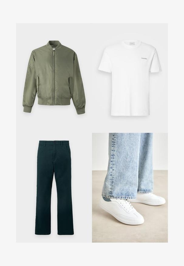 Oliiviroheline bomber jakk, millel on esiosal tõmblukk, soonilised mansetid ja ääris, küljetaskud ning sile, läikiv tekstuur. Minimalistlik disain.; Valge puuvillasest T-särk lühikäistega ja ümarkaelusega. Vasakul rinnal on väike must "Calvin Klein" logo.; Tumedast rohelised sirged püksid, millel on vööaasad, küljetaskud ja nööpkinnitus, valge ühetoonilise tausta ees.; Valged spordijalatsid sileda materjaliga, nööridega mudel, tekstuurne kummitald ja türkiissinine aksent kandadel, koos heledate siniste teksadega.