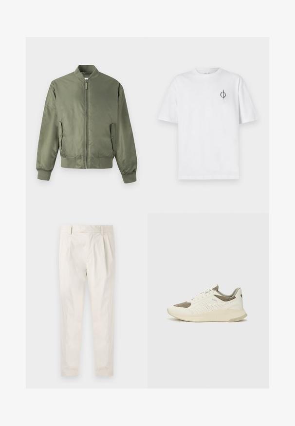 Olive green bomber jacket with a zip front, ribbed cuffs and hem, side pockets, and a smooth, glossy texture. Minimalist design.; White cotton t-shirt with a relaxed fit, featuring a small black graphic logo on the left chest area. Short sleeves, crew neck style.; White, pleated trousers with a tailored fit, featuring a smooth texture, belt loops, and tapered legs. No visible pockets or patterns.; White and light beige athletic sneaker, featuring a mesh upper, perforated detailing, and a textured midsole with branding on the heel.