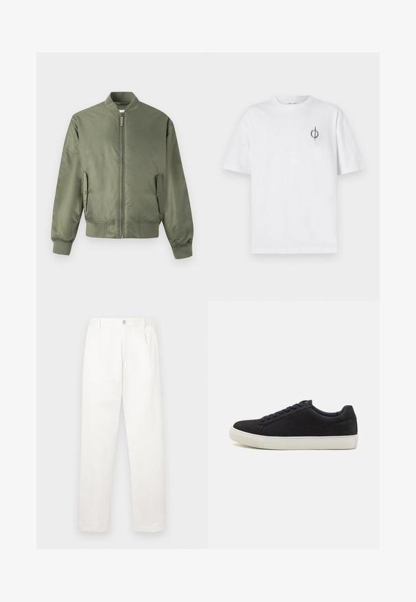 Olívazöld bomberdzseki cipzáros elülső résszel, bordázott mandzsettákkal és szegéllyel, oldalzsebekkel és sima, fényes felülettel. Minimalista kialakítás.; Fehér pamut póló laza szabással, kis fekete grafikai logóval a bal mellen. Rövid ujjak, kerek nyakkivágás.; Fehér nadrág sima anyagból, egyenes lábbal, elülső pliszékkal és egy gombos záródással a derékon.; Fekete velúr sneaker, lekerekített orral, fehér gumitalppal, kontrasztos kék fűzőkkel és sima felülettel. Minimalista dizájn, látható logó nélkül.
