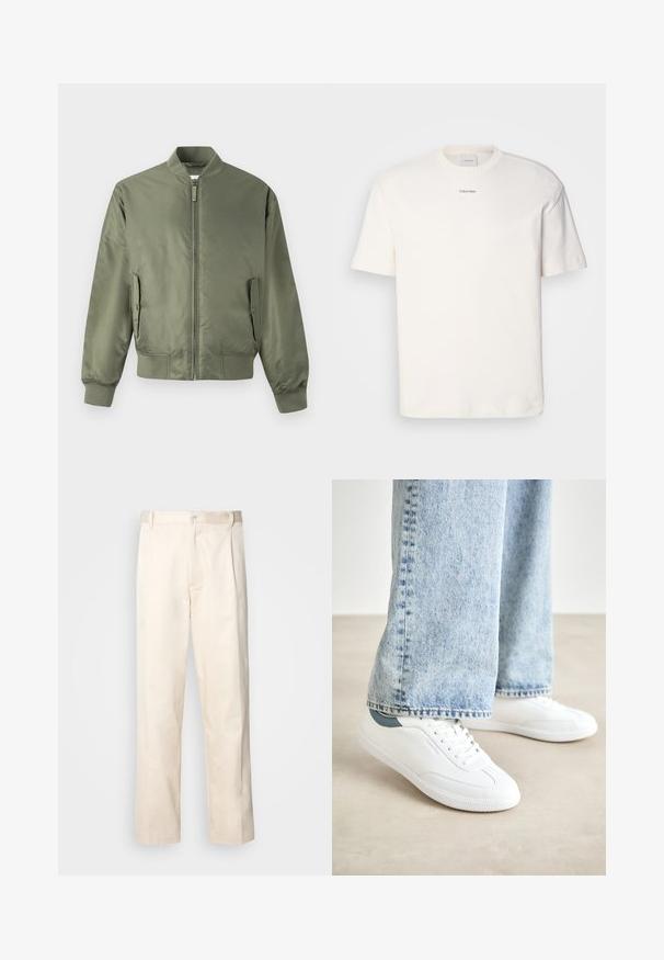 Olive zaļš bumbiera apmetnis, kas izgatavots no gludas, vieglas auduma. Tam ir priekšējais rāvējslēdzējs, ribošas aproces un divas sānu kabatas.; Balta kokvilnas T-kreklu ar apaļu kaklu, īsām piedurknēm un izšūtu "Calvin Klein" logotipu krūšu centrā. Vienkāršs dizains.; Bežā krāsā auduma bikses ar taisnu kāju griezumu, pievienotām pogu aizdares un priekšējiem krokām papildu detaļām.; Baltas kedas ar gludu materiālu, auklām, teksturētu gumijas zoli un tirkīza akcentu uz papēža, apvienoti ar gaiši ziliem džinsiem.