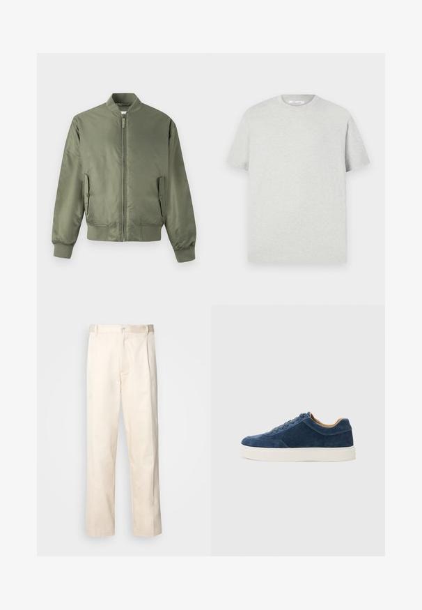 Oliva zöld bomber dzseki sima, könnyű anyagból. Elöl cipzárral záródik, bordázott mandzsettákkal és két oldalsó zsebbel rendelkezik.; Világosszürke, rövid ujjú póló, puha anyagból készült, kerek nyakkivágással és laza szabással, látható minták vagy díszítések nélkül.; Beige pamut nadrág egyenes szárú kivágással, gombos záródással és elülső redőkkel a részletek fokozása érdekében.; Kék velúr sportcipő fehér gumitalppal, fűzős kivitel, kerek orral, és kontrasztos barna belső résszel. Finom varrási részletek.