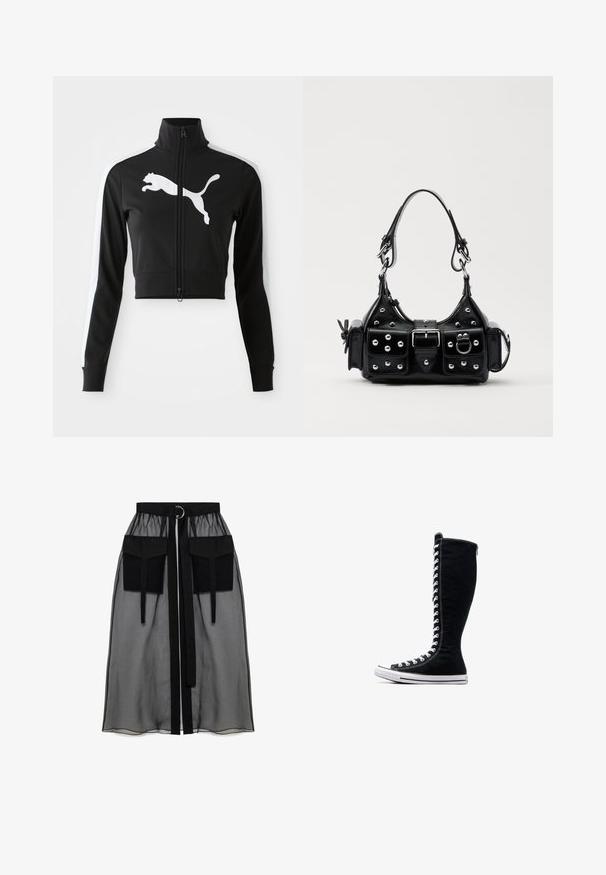 Črna skrajšana jakna z visokim ovratnikom, popolnim zadrgo, belimi stranskimi črtami in velikim belim logotipom Puma spredaj. Mehka, gladka tkanina.; Črn dolg rokav krojen zgornji del, ki ima visok ovratnik, prosojen mrežast panel na pasu in strukturirane šive za prileganje.; Črna prozorna krila z nabranim pasom, ki ima dva velika sprednja žepa, pas za zavezovanje in okroglo kovinsko dekoracijo.; Črne visoke superge z visokim dizajnom, narejene iz platna. Imajo bele vezalke, šivanje in gumijast podplat z zaščito za prste.; Črna usnjena torbica s ukrivljenim dizajnom, ki vsebuje srebrne žebljičke, zaponko in dve stranski žepki. Nastavljiv trak za različne možnosti nošenja.