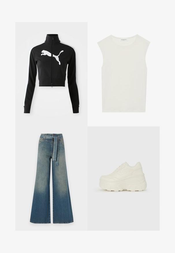 Veste noire courte avec col montant, fermeture éclair intégrale, bandes blanches sur les côtés et grand logo Puma blanc sur le devant. Tissu doux et lisse.; Haut sans manches blanc avec un col rond. Fabriqué en tissu lisse, il présente une coupe décontractée et un design minimaliste. Pas de motifs ni d'accents.; Pantalons en denim à jambe large présentant un dégradé de bleu clair à bleu foncé, taille haute, passants de ceinture et une ceinture en tissu assortie. Finition en denim texturé.; Baskets plateformes blanches avec une tige en simili cuir lisse, une forme arrondie, un col rembourré et une semelle en caoutchouc texturé avec des crampons définis.