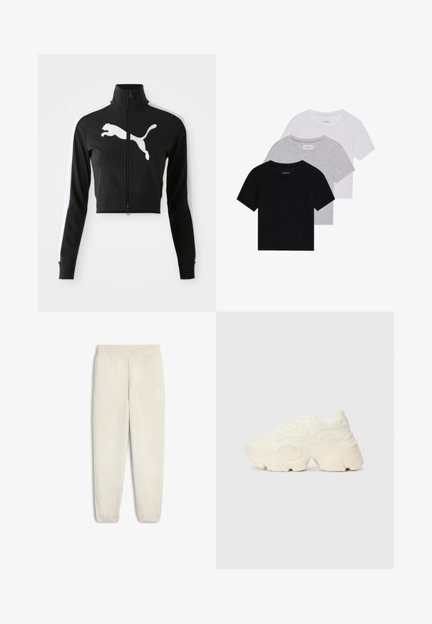 Črna skrajšana jakna z visokim ovratnikom, popolnim zadrgo, belimi stranskimi črtami in velikim belim logotipom Puma spredaj. Mehka, gladka tkanina.; Komplet treh majic s kratkimi rokavi v črni, sivi in beli barvi. Izdelane iz bombaža, z okroglim izrezom in preprostim, enobarvnim dizajnom.; Svetložute trenirke iz mekog materijala, sa elastičnim pojasom, manžetama na gležnjevima i malim belim logotipom sa strane.; Debele bele športne copate, izdelane iz teksturirane mrežaste in sintetične materialov, z debelim podplatom in zapletenimi vzorčičnimi detajli ob straneh.