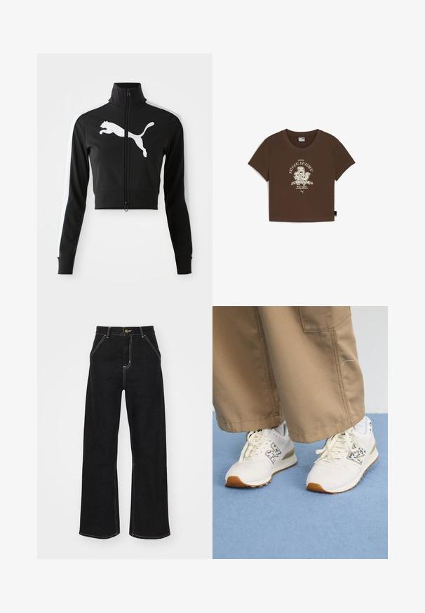 Black cropped jacket with high collar, full zipper, white side stripes, and large white Puma logo on the front. Soft, smooth fabric.; Brown cotton cropped t-shirt featuring a white graphic print with "SNACK FAMILY" text and cartoon designs. Short sleeves and a round neckline.; Black wide-leg jeans made of denim, featuring contrasting white stitching and a front button closure, with two angled front pockets.; White athletic shoes with a textured, beige rubber sole. They feature a blue animal print accent and flat, beige laces, paired with tan pants.