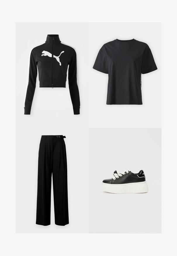 Chaqueta negra cortada con cuello alto, cremallera completa, rayas laterales blancas y gran logo de Puma blanco en el frente. Tejido suave y liso.; Camiseta de algodón negra de manga corta con un corte relajado y un panel lateral en contraste que presenta texto pequeño y detalles de diseño.; Pantalones de pierna ancha negros con cintura alta, pliegues en la parte delantera y un cinturón con hebilla. Confeccionados con una tela suave y liviana.; Zapatilla de cuero negra con una gruesa suela blanca estriada, que presenta cordones blancos y un lazo decorativo en la lengüeta.