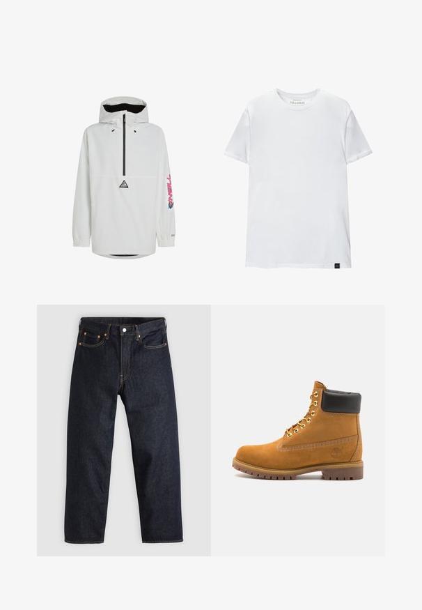 Valkoinen neuletakki mustalla vetoketjulla ja elastisilla hihansuilla. Rinnassa on logo ja hihassa värikäs teksti. Kevyt kangas.; Valkoinen lihaksen istuvuus t-paita, joka on valmistettu puuvillasta. Pyöreä kaula-aukko, lyhyet hihat, sileä rakenne. Pieni musta logotagi helman kohdalla. Yksinkertainen muotoilu.; Tummansinisiä farkkuja, joissa on suora leikkaus, viisi taskua, kontrastiväriset oranssit tikkaukset ja napitus. Ei näkyviä kuvioita tai koristeita.; Valkoinen nahkainen nilkkuri mustalla pehmustetulla kauluksella, kultaisilla metallisilla rei'illä, valkoisella ompeluksella ja jykevällä kumipohjalla, jossa on selvästi näkyvät urat.