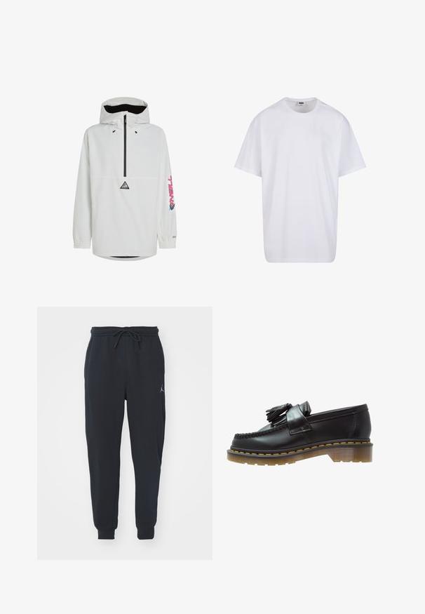 Biely pulóver s čiernym zipsom a elastickými manžetami. Na hrudi je logo a na rukáve farebný text. Ľahká tkanina.; Biela bavlnená tričko s krátkymi rukávmi, okrúhlym výstrihom, uvoľneným strihom a žiadnymi viditeľnými logami alebo vzormi. Hladká textúra a minimálny dizajn.; Čierne jogger nohavice z mäkkej tkaniny, vybavené elastickým pásom s šnúrkou, ribbovanými manžetami a malým logom na ľavom stehne.; Čierne kožené mokasíny s textúrovaným povrchom, so zdobnou strapcovou aplikáciou a kontrastným žltým prešívaním, na masívnej priehľadnej podrážke.