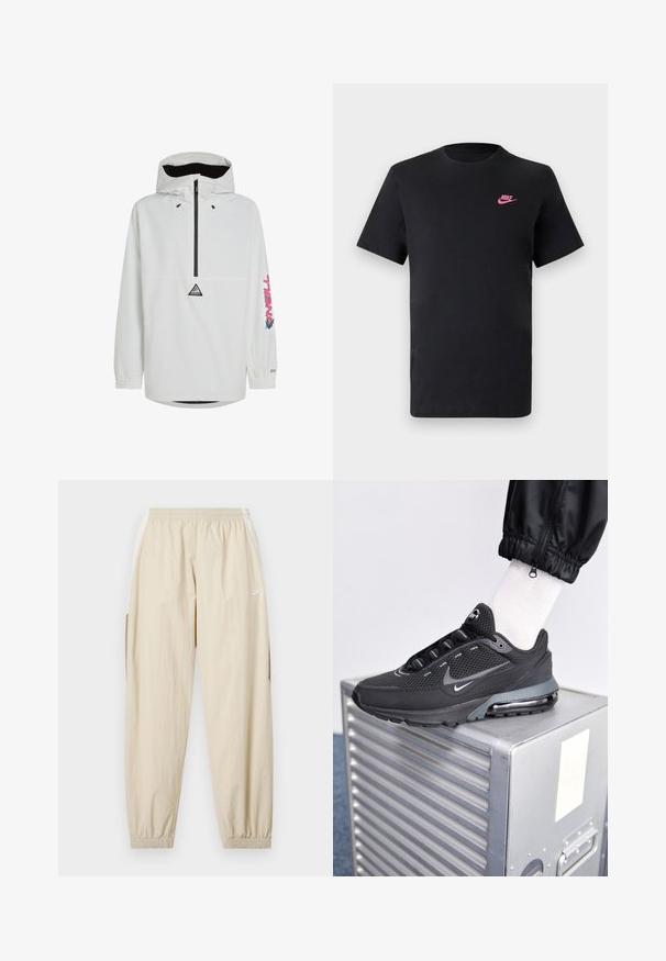 Veste pullover blanche avec une fermeture éclair noire et des poignets élastiques. Dotée d'un logo sur la poitrine et d'un texte coloré sur la manche. Tissu léger.; T-shirt en coton noir avec un col rond et des manches courtes. Présente un logo Nike rose sur le côté supérieur gauche. Texture douce.; Joggers légers beige avec taille élastique, chevilles resserrées, poches latérales et logo Nike subtil en blanc sur la cuisse gauche.; Nike Sportswear PULSE - Baskets basses - black/anthracite