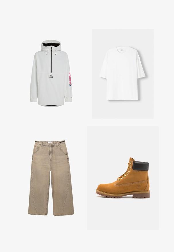 Witte pulloverjack met een zwarte rits en elastische manchetten. Beschikt over een logo op de borst en kleurrijke tekst op de mouw. Lichtgewicht stof.; Witte t-shirt met korte mouwen, gemaakt van katoen, met een ronde halslijn en een relaxte pasvorm. Gladde textuur, zonder zichtbare patronen of accenten.; PULL&BEAR MEGA BAGGY - Baggy jeans - light grey; Tan suède enkelboot met zwart gevoerd kraagje, gouden metalen oogjes, witte stikdetails en een robuuste rubberen zool met uitgesproken profiel.