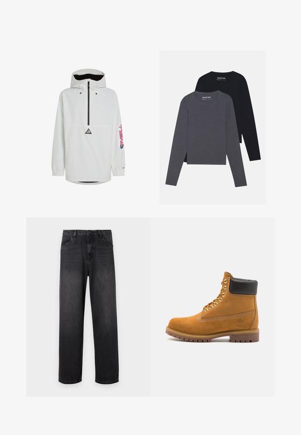 White pullover jacket with a black zip and elastic cuffs. Features a logo on the chest and colorful text on the sleeve. Lightweight fabric.; YOURTURN 2 PACK UNISEX - Long sleeved top - dark grey/black; Dark gray denim jeans with a straight-leg design, featuring a zip fly, five pockets, and subtle fading details on the fabric.; Tan suede ankle boot with black padded collar, gold metal eyelets, white stitching detailing, and rugged rubber sole with pronounced treads.