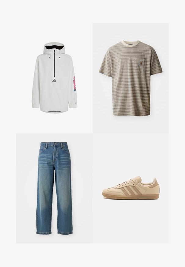 Giacca a pullover bianca con zip nera e polsini elasticizzati. Presenta un logo sul petto e testo colorato sulla manica. Tessuto leggero.; T-shirt a maniche corte a righe in beige e marrone, con scollo rotondo e una tasca sul petto con un'etichetta logo. Tessuto texture.; Jeans a gamba larga in denim blu chiaro con vita alta, cinque tasche e una finitura leggermente sbiadita. Dotati di chiusura con bottone e zipper.; Sneakers in pelle beige con tre strisce orizzontali, punta rotonda, suola piatta in gomma marrone e rivestimento in tessuto morbido sul colletto e sulla linguetta.