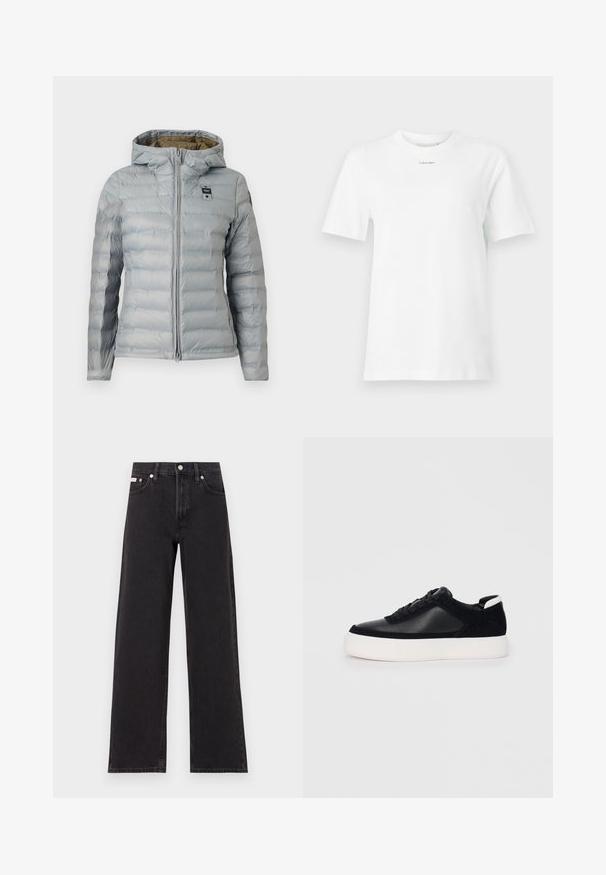 Blauer ELLIS - Zimní bunda - grigio grifone; Bílý bavlněný tričko má kulatý výstřih, krátké rukávy a malé černé logo "Calvin Klein" na hrudi. Jednoduchý design, bez vzorů.; Černé široké jeansy vyrobené z denimu, s vysokým pasem, pěti kapsami a kovovým zapínáním s kontrastním prošíváním.; Černé sneakersy s hladkou kůží a semišovými panely, plochými šňůrkami, zaoblenou špičkou a bílou gumovou podrážkou. Výrazné logo na patě.