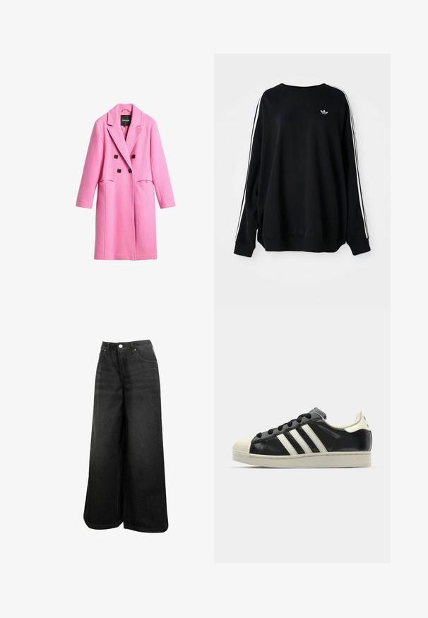 Cappotto in misto lana rosa con un design doppiopetto, revers a punta, tasche frontali e dettagli in bottone nero. Texture liscia, lunghezza media.; Felpa nera oversize in morbido tessuto, con strisce bianche lungo le maniche e un piccolo logo sul petto. Collo tondo.; Jeans in denim nero a gamba larga con vita alta, abbottonatura frontale, tasche e logo discreto sulla tasca anteriore.; Sneaker in pelle nera con strisce bianche, punta in gomma, lacci neri e suola di colore crema. Texture liscia con finitura brillante.
