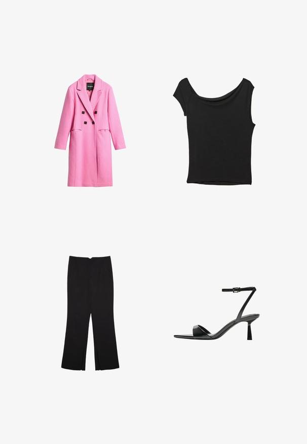 Pink wool blend coat with a double-breasted design, notched lapels, front pockets, and black button accents. Smooth texture, mid-length.; Black short-sleeve top made of smooth fabric; features a draped neckline and an asymmetrical hemline, with a fitted body.; Black trousers with a straight fit, featuring front pockets and side slits at the hem. Made of soft, smooth fabric. Suitable for various occasions.; Bershka High heeled sandals - black