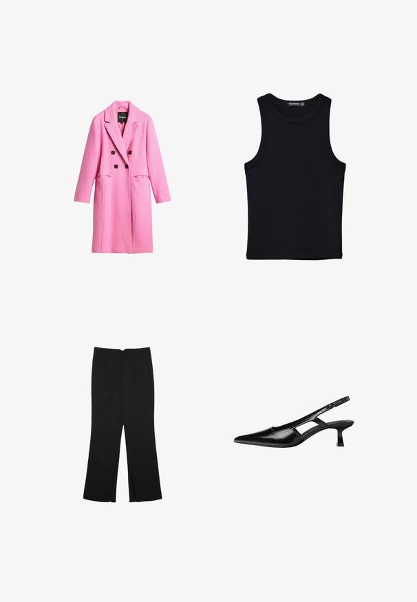 Pink wool blend coat with a double-breasted design, notched lapels, front pockets, and black button accents. Smooth texture, mid-length.; Black tank top made of cotton, featuring a round neckline and wide armholes. Smooth texture with stitched hems. Classic, minimalist design.; Black trousers with a straight fit, featuring front pockets and side slits at the hem. Made of soft, smooth fabric. Suitable for various occasions.; Black patent leather slingback heels with a pointed toe, cut-out side design, and a small square heel. Smooth texture with minimal accents.