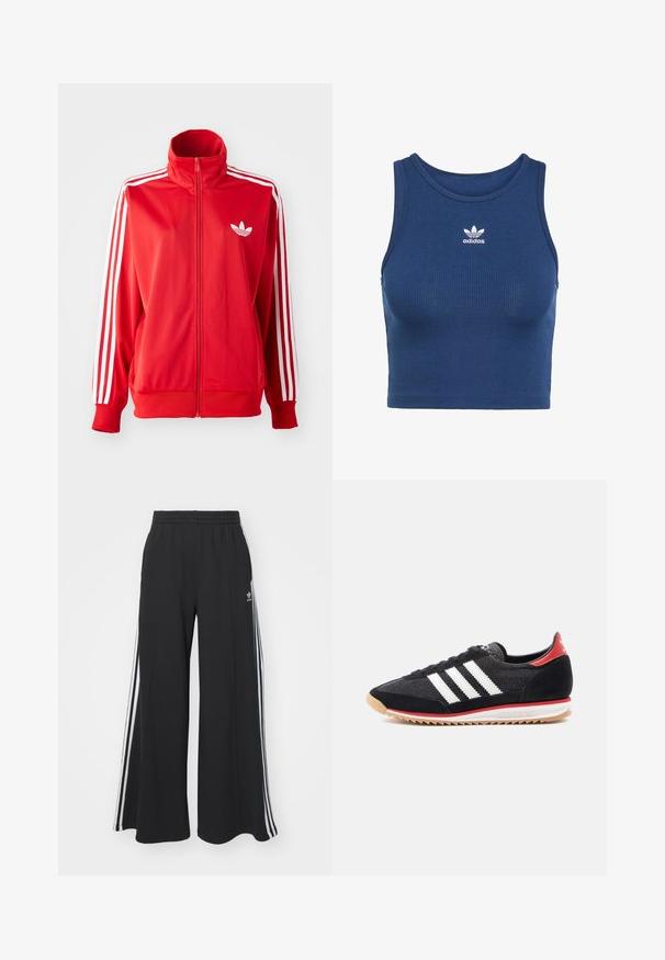 Sarkans zip-up sporta žakets, izgatavots no gludas auduma, ar baltām trim svītrām uz piedurknēm un mazu baltu logo uz krūtīm.; Zils ribots īss tops, izgatavots no elastīga auduma, ar noapaļotu kakla izgriezumu un mazu baltu Adidas logo uz krūtīm.; Melnas plašas sporta bikses ar elastīgu jostasvietu, kurām ir baltas sānu svītras un izšūts logo kreisajā augšstilbā.; Melnas sporta kurpes ar baltām svītrām, zamšādas akcentiem un sarkanu papēdi. Acs tekstūra un gumijas zolīte ar gaiši brūnu protektoru.