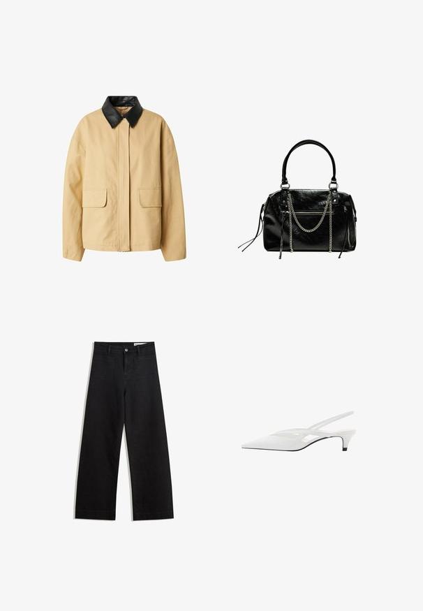 Beige Jacke mit einem schwarzen Lederkragen, ausgestattet mit einem Front-Reißverschluss und zwei großen aufgesetzten Taschen. Hergestellt aus einem robusten Baumwollstoff.; Helles beige, verkürztes Sweatshirt mit weiter Ausschnitt, langen Ärmeln und einem weichen, strukturierten Stoff. Verfügt über eine entspannte, kastige Passform.; Schwarze weit geschnittene Jeans mit hoher Taille, ausgestattet mit Vorder- und Hintertaschen, gesteppten Nähten und einem Knopfverschluss. Glatte Textur.; Weißer Slingback-Absatzschuh mit spitzer Zehenpartie, featuring ein glattes Obermaterial, subtile Ausschnitte und einen niedrigen Blockabsatz. Die schwarze Sohle betont das Design.; Bershka WITH CHAIN - Handtasche - black