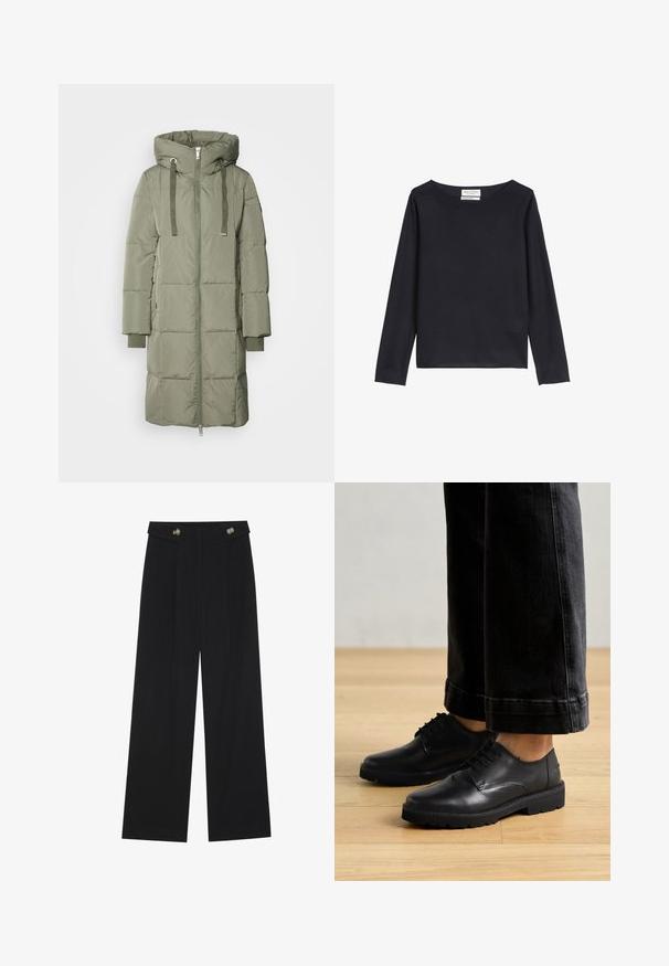 Mos Mosh NOVA SQUARE - Kaput ispunjen paperjem - tea; Marc O'Polo Vesta - deep night blue; Crne hlače širokih nogavica s visokim strukom, s dugmadi na pojasu i prednjim nabora.; Crne kožne cipele na vezanje s glatkom teksturom, okruglim vrhom i debelim gumiranim đonom, u paru s skraćenim tamnim trapericama.