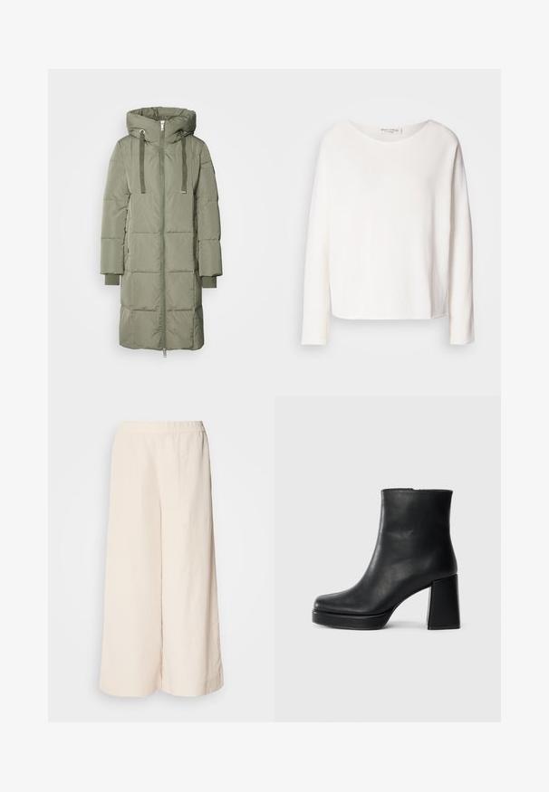 Mos Mosh NOVA SQUARE - Pūkinis paltas - tea; Ilgas rankovės, apvalaus kaklo viršus iš minkštos, lengvos baltos medžiagos su laisvu kirpimu. Savybės - švarus apvadas ir jokių matomų detalių.; Kreminės plačios kelnės su elastinga juosta, pasižyminčios laisva prigludimo ir lygiu paviršiumi, tinkamos kasdieniam dėvėjimui.; Juodas odinis kulkšninis botas su bloku ir platformos padu, matomas šoniniu vaizdu ant balto fono.