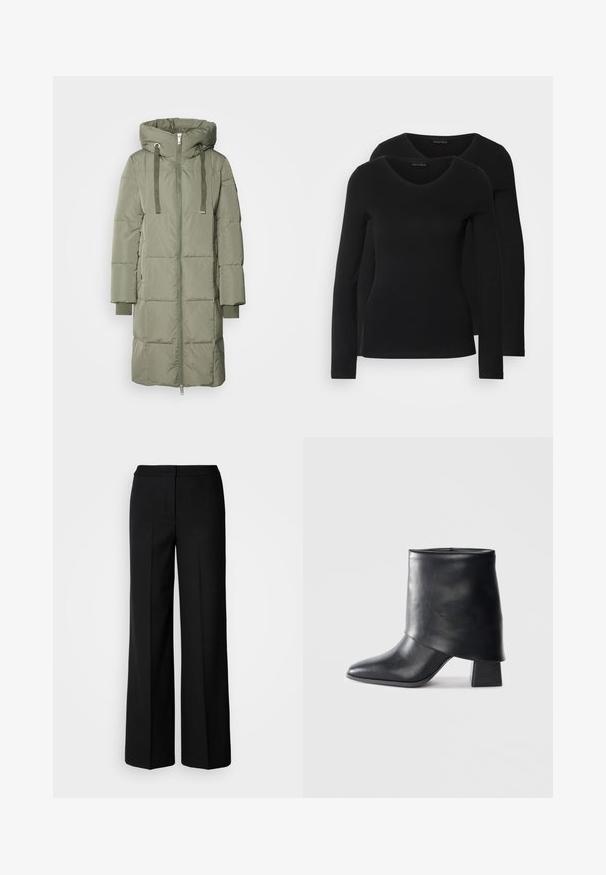 Mos Mosh NOVA SQUARE - Donsjas - tea; Twee zwarte longsleeve shirts met een V-hals ontwerp, gemaakt van zachte, rekbare stof, die een gladde textuur en een getailleerde vorm laten zien.; Zwarte wijde broek van een gladde stof, met een hoge taille, nauwkeurig gestikte naden en een minimalistisch ontwerp. Geen zichtbare hardware of zakken.; Zwarte leren enkellaars met een spitse neus, een zachte textuur en een gestructureerde blokhak. Kenmerkt zich door een hoge, gevouwen kraag.
