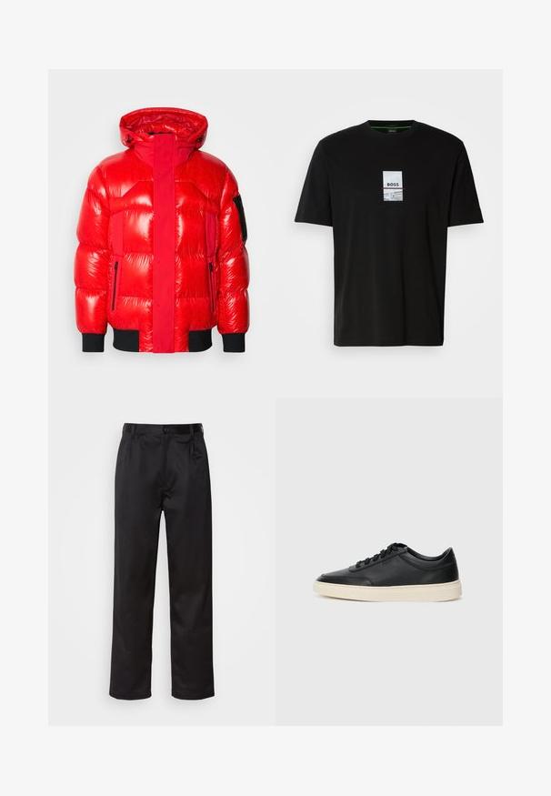 Röd puffjacka med blank yta, med hög krage, dragkedjefickor och svarta detaljer vid ärmslut och nederkant.; Svart bomullströja med korta ärmar, med en rektangulär grafisk design med ordet "BOSS" i vitt och subtila detaljer.; Svarta byxor i slätt tyg med framknäppning, veck och raka ben. Inga synliga mönster eller detaljer.; Svart låg skor i läder med svarta snören och off-white sula, visas i sidoprofil på vit bakgrund.