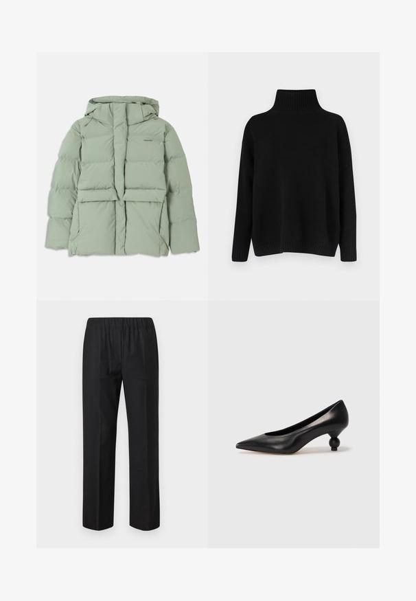 Ljusgrön pufferjacka med huva, som har dragkedje-stängning, två framfickor och en quiltad design. Smetig, matt yta.; Svart stickad tröja med hög ribbad krage, nedsänkta axlar och en avslappnad passform. Har ribbade muddar och fåll för textur.; Svarta byxor med elastisk midja, rak bendesign och inga synliga fickor. Slät tyg med matt yta.; Svart läderhögklackad sko med spetsig tå och rund, bollformad klack. Slät yta med en elegant, minimalistisk design.