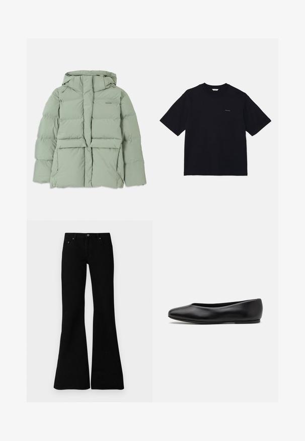 Svetlozeleni puhovka s kapuco, z zipperskim zapiranjem, dvema sprednjima žepoma in prešitimi detajli. Gladek, mat zaključek.; Črna kratka majica s kratkimi rokavi, izdelana iz bombaža, z okroglim izrezom in majhnim logotipom na levem prsnem delu. Gladka tekstura in sproščen kroj.; Črne razširjene kavbojke iz denima, ki vključujejo klasično zasnovo s petimi žepi, zapiranje na gumb in diskretne šive ob šivih.; Paul Smith TOPANGA - Balerinke - black
