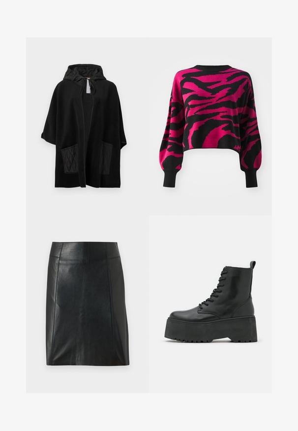 Poncho preto com capuz, feito de tecido macio e com bolsos pretos acolchoados, apresentando frente aberta e capuz com cordão.; Sweater curto em preto e rosa, apresentando um padrão de zigue-zague ousado. Feito de material de malha com mangas largas e punhos canelados.; Saia de couro preta com um design ajustado. Textura suave, costuras que delineiam a forma e uma barra reta. Aparência minimalista e elegante.; Botas de tornozelo pretas com sola plataforma robusta, feitas de couro liso, com um design de atacadores e uma alça na parte de trás.
