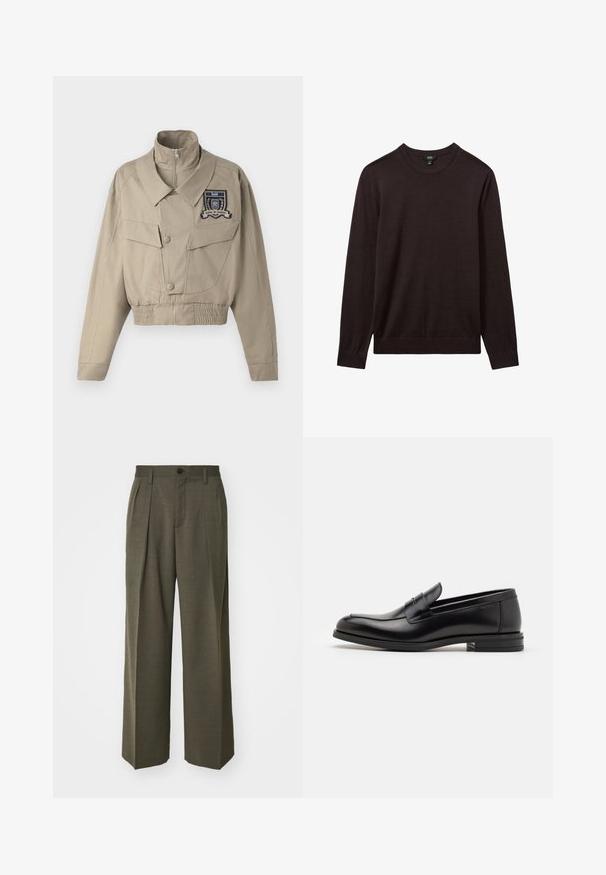 Korte beige jas met een hoge kraag, voorste ritsluiting, twee grote borstzakken en een geborduurd embleem aan de linkerkant.; Reiss Trui - dark bordeaux; Filippa K WIDE TROUSERS - Broek - driftwood; Zwarte leren instappers met een gladde textuur, ronde neus en een decoratieve band over de wreef. Lage, gestapelde hak en minimalistisch ontwerp.