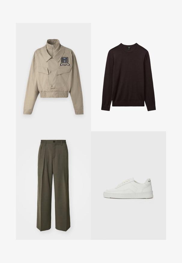 Gekürzte beigen Jacke mit hohem Kragen, vorderem Reißverschluss, zwei großen Brusttaschen und einem gestickten Emblem auf der linken Seite.; Reiss Strickpullover - dark bordeaux; Filippa K WIDE TROUSERS - Stoffhose - driftwood; Weiße Ledersneaker mit glatter Oberfläche, runder Zehenpartie, flachen Schnürsenkeln und strukturiertem Sohlenprofil. Mit einem dezenten Logo an der Ferse.