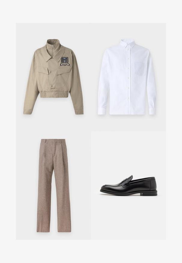 Kratka bežna jakna z visokim ovratnikom, zadrgo spredaj, dvema velikima žepoma na prsih in prišitimi grbi na levi strani.; Bela dolgo rukava srajca s kragnico, izdelana iz bombaža, z žepom na prsih in toniranimi vezeninami ter gumbi na manšetah.; Rjave hlače z visokim pasom, izdelane iz teksturirane tkanine. Imajo široke noge in dve sprednji pregibi za strukturo. Urejen zaključek brez vidne strojne opreme.; Črne usnjene loafer čevlje z gladko teksturo, zaobljenim nosom in dekorativnim trakom čez zgornji del. Nizka zložena peta, minimalističen dizajn.