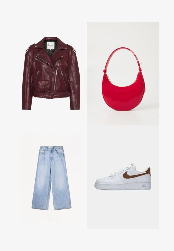 Burgundy leather biker jacket featuring metallic zippers, shoulder epaulets, a belted waist, and a textured finish. Interior lining is black.; Dark gray off-the-shoulder sweater with ribbed neckline and balloon sleeves, crafted from a textured knit fabric. Cropped hemline details.; Bershka WIDE-LEG - Wide Leg - light-blue denim; White Nike Air Force 1 sneaker with brown swoosh and heel tab, viewed from the outer side on a plain white background.; Red patent leather handbag with a curved silhouette, a short handle, and a zippered closure, featuring a smooth, glossy texture.