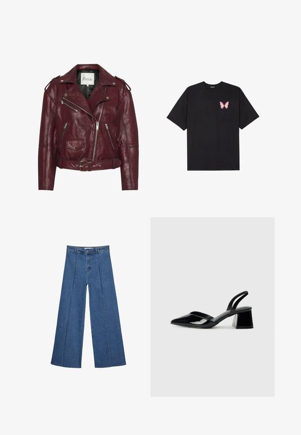 Burgunderfarbene Leder-Bikerjacke mit metallischen Reißverschlüssen, Schulterklappen, tailliertem Gürtel und strukturierter Oberfläche. Innenfutter ist schwarz.; Schwarzes Baumwoll-T-Shirt mit kurzen Ärmeln, das ein kleines pinkes Schmetterlingsmotiv auf der linken Brust zeigt. Crewneck-Design mit einem entspannten Schnitt.; Weite Jeans aus Denim in Mittelblau, mit hoher Taille, Knopfverschluss und kontrastierenden vertikalen Nahtdetails an der Vorderseite.; Schwarze Lackleder-Slingback-High Heels mit spitzem Schuh und einem geometrischen Blockabsatz. Verfügt über ein schlankes, minimalistisches Design und eine glatte Textur.