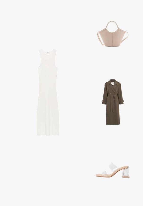 Long, olive green trench coat in a lightweight fabric. Features double-breasted front, waist tie, and shoulder epaulets.; White, sleeveless, ribbed knit dress with a fitted silhouette, reaching below the knees. Simple and minimalist design, without patterns or hardware.; Transparent heeled sandals featuring two clear straps, a beige base, and a geometric clear block heel. Minimalist design with smooth texture.; Beige leather handbag with a unique shape, featuring two short handles and a long adjustable strap. Smooth texture with minimal hardware.