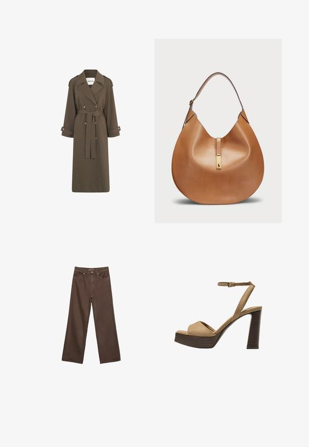 Trench-coat long olive vert en tissu léger. Comprend un devant boutonné double, une ceinture à la taille et des épaulettes.; Pull en tricot bleu marine avec un col rond, des manches longues et des poignets et un ourlet côtelés. Texture douce, coupe décontractée, design minimal.; Jean brown à jambes larges en denim, doté d'une taille haute, de poches avant et d'une fermeture à bouton classique. Texture lisse avec des coutures subtiles.; Sandales à talons hauts en suede beige avec une large bride avant et une bride à la cheville, dotées d'un chunky talon en bois avec une finition texturée.; Sac à main en cuir tan avec une forme courbée et une large bandoulière. Présente un accent en métal doré au centre et une texture lisse.