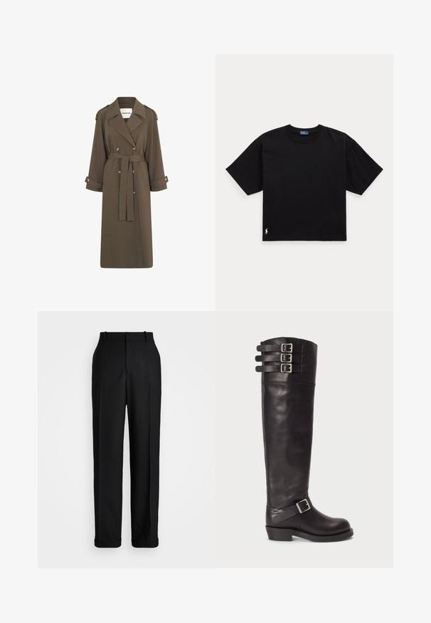 Long, olive green trench coat in a lightweight fabric. Features double-breasted front, waist tie, and shoulder epaulets.; Black cotton t-shirt with short sleeves, round neck, and a small white logo on the bottom left. Classic, boxy fit with minimal detailing.; Polo Ralph Lauren HIGH RISE RELAXED STRAIGHT TROUSER - Trousers - black; Black leather knee-high boot with a rounded toe, three strap buckles at the top, and a side buckle detail. Flat sole and smooth texture.
