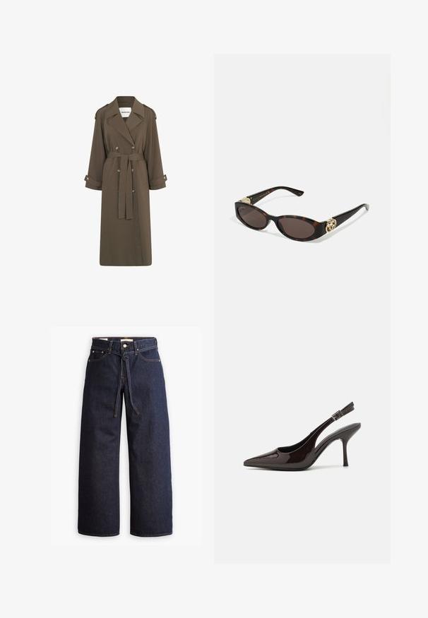 Długi, oliwkowozielony płaszcz trench w lekkim materiale. Posiada podwójne zapięcie z przodu, pasek w talii oraz epoletki na ramionach.; Czarna koszula z długim rękawem wykonana z dzianiny bawełnianej, z okrągłym dekoltem i dopasowanym krojem, bez widocznych wzorów ani grafik.; Spodnie dżinsowe w kolorze ciemnoniebieskim o szerokich nogawkach i wysokim stanie, z wiązaniem na sznurki, pięcioma kieszeniami oraz kontrastowymi detalami w staszcu.; Sandały na obcasie typu slingback z błyszczącej ciemno-brązowej lakierowanej skóry, w szpic, z otwartymi bokami i regulowanym paskiem wokół kostki.; Słoneczne okulary w kolorze żółwi z wydłużonymi owalnymi soczewkami, brązowym odcieniem, złotymi akcentami logo na zausznikach oraz smukłymi czarnymi ramionami.; Bordowa torebka o zaokrąglonym kształcie z krótkim paskiem, z złotym zamkiem błyskawicznym i subtelnym logo Calvin Klein z przodu.