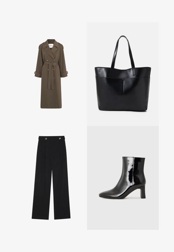 Μακρύ, ελαιόχρωμο μπουφάν από ελαφρύ ύφασμα. Διαθέτει διπλό γαζωτό μπροστινό μέρος, ζώνη στη μέση και επιταχυντές στους ώμους.; Μαύρο μακρυμάνικο μπλουζάκι με φουσκωτούς βραχίονες, μαλακή υφή και άνετη γραμμή, με απλή στρογγυλή λαιμόκοψη.; Μαύρο παντελόνι φόρμας σε φαρδιά γραμμή με ψηλή μέση, κουμπιά στη μέση και πλαϊνές τσέπες.; Μαύρη πατενταρισμένη δερμάτινη μπότες αστραγάλου με μυτερή μύτη και μεσαίο τετράγωνο τακούνι. Λείος υφή και μινιμαλιστικός σχεδιασμός.; Μαύρη δερμάτινη τσάντα tote με δύο μακριούς ιμάντες, λεία υφή και δομημένο σχήμα. Διαθέτει μπροστινή τσέπη για επιπλέον αποθήκευση.