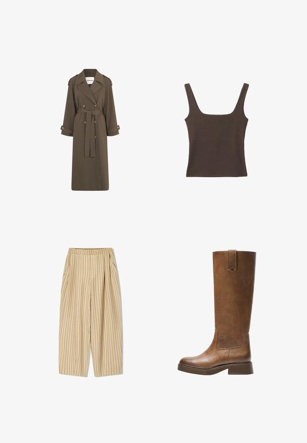 Trench coat lungo di colore verde oliva in un tessuto leggero. Presenta una chiusura doppiopetto, cintura in vita e passanti sulle spalle.; Top senza maniche marrone con scollo quadrato, realizzato in tessuto morbido ed elastico. Presenta un design aderente e cuciture piatte.; Pantaloni a righe beige con cintura elastica, dotati di due tasche laterali, vestibilità ampia e strisce verticali nere per i dettagli.; Stivale marrone in pelle alto fino al ginocchio, con punta tonda, superficie testurizzata e tacco basso impilato. Presenta un pannello laterale e una linguetta di apertura in cima.