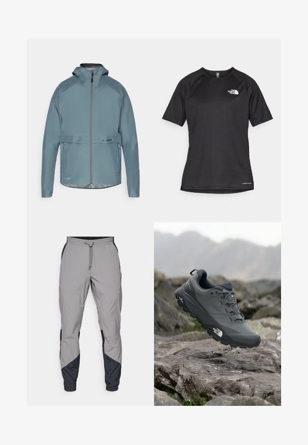 Jachetă impermeabilă de culoare albastră deschisă, cu guler înalt, fermoar frontal și un logo în partea de jos. Textură netedă, cu mâneci lungi și glugă.; Tricou athletic scurt, de culoare neagră, cu un material texturat, având un logo alb pe partea stângă a pieptului și un tiv drept.; Pantaloni sportivi ușori, gri, cu accente negre. Talie elastică, închidere cu șnur, design cu picior tapered și buzunare laterale.; Pantof de alergare pe trasee gri, cu o partieră texturată, talpă din cauciuc durabil și vârf întărit. Dispune de șireturi și logo-ul brandului pe lateral.