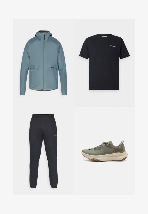 Světlomodrá, nepromokavá bunda s vysokým límcem, předním zipem a logem na spodní části. Hladká textura, dlouhé rukávy a kapuce.; Černé tričko s krátkým rukávem vyrobené z bavlny, s malým bílým logem Columbia na levé části hrudi. Klasický kulatý výstřih a volný střih.; Černé tepláky vyrobené z měkkého materiálu, s pohodlným pasem a zúženými nohavicemi. Malé bílé logo se nachází na levé straně.; Zelené běžecké boty Hoka s Gore-Tex svrškem, texturovanými akcenty, elastickými tkaničkami a tlustou béžovou podrážkou s logem Vibram.