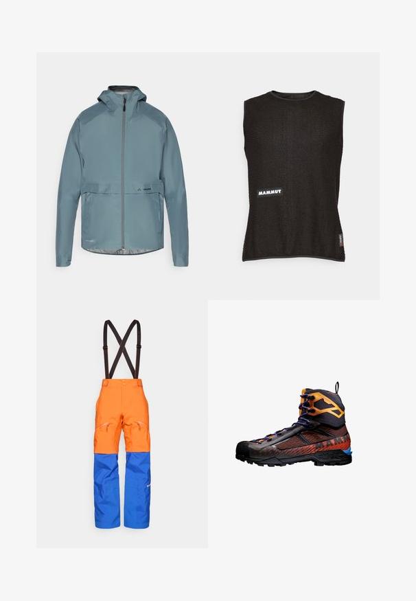Ljusblå, vattentät jacka med hög krage, framfickor och en logo längst ner. Slät yta med långärmar och huva.; Ärmlös svart topp med texturerat material, med en vit "Mammut"-logotyp och en liten röd accenttag på sidan, rundad halsringning.; Apelsin- och blå vattentäta byxor med svarta justerbara hängslen, framfickor med dragkedja och förstärkta knän för utomhusaktiviteter.; Svart och orange vandringskänga med nät- och gummimaterial. Har blå accenter, texturerade mönster och en hög ankeldesign för stöd.