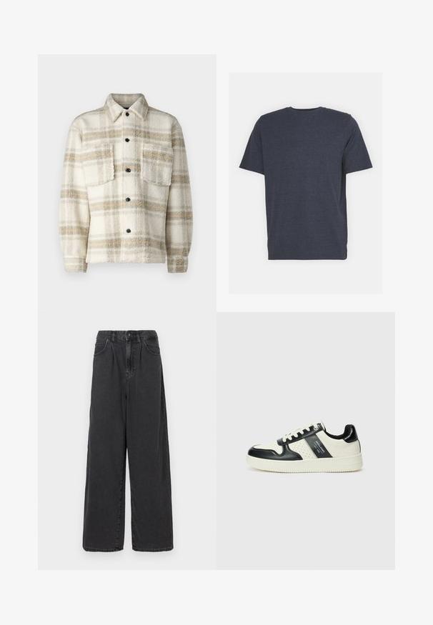 Fleece plaid jacket in cream with gray and yellow stripes. Features a collar, two chest pockets, and black buttons. Soft texture.; Navy blue crew neck t-shirt made of soft cotton blend fabric, with short sleeves and a regular fit. No visible patterns or accents.; Wide-leg, high-waisted black denim pants with a front button and zipper closure, featuring side pockets and a smooth texture.; Leather sneakers with a black and cream color scheme, featuring perforated accents, a padded collar, and a textured outsole.