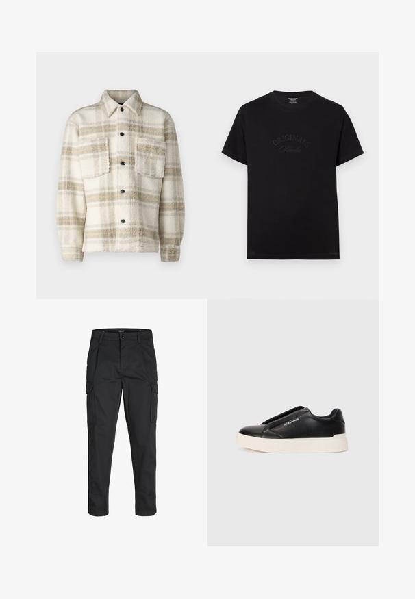 Kreemjas plüüsist ruuduline jakk hallide ja kollaste triipudega. Omab kraed, kahte rinna-taskut ja musti nuppe. Pehme tekstuur.; Must t-särk lühikeste varrukatega ja ümmarguse kaelusega. Esiküljel on hõbedaselt kirjeldatud "ORIGINALS Studio".; Mustad mustapõlvik, mis on valmistatud tugeva koe kasutades, sisaldab mitmeid taskuid, nupule kinnitatav sulgemine ja kitsenev disain.; Must musta kingad tekstureeritud nahast pealmise osaga, valge kummist tallaga ja nähtamatute paeltega. Küljel on brändi logo.