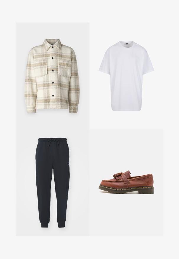Fleece ternetjakke i creme med grå og gule striber. Har en krave, to brystlommer og sorte knapper. Blød tekstur.; Hvid bomulds t-shirt med korte ærmer, rund halsudskæring, afslappet pasform, og ingen synlige logoer eller mønstre. Glat tekstur og minimalistisk design.; Sorte joggingbukser lavet af blødt stof, med en elastisk talje med snøre, ribbede manchetter og et lille logo på venstre lår.; Brune læder mokkasiner med frynseakkenter, tekstureret overflade og kontrasterende gul syning langs den sorte gummisål. Sidevinkel.